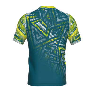 Camiseta de manga curta com padrão geométrico azul e amarelo