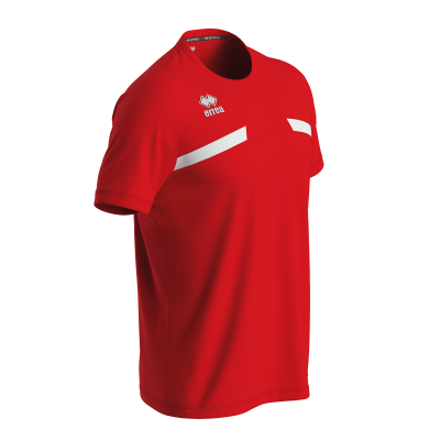 Camisola desportiva vermelha com detalhes brancos e logo errea no peito