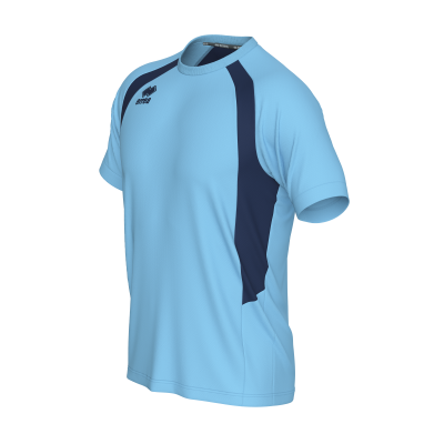 T-shirt desportiva azul claro com detalhes azuis escuros e logotipo errea no peito