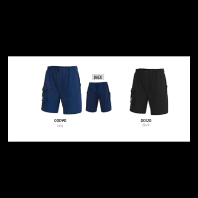 Dois pares de calções desportivos azul marinho e preto com bolsos laterais.