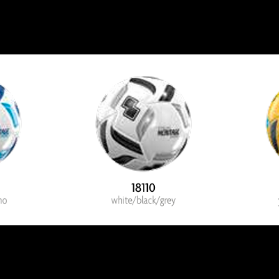 Três bolas de futebol Heatwave com padrões em branco, azul ciano, cinza, preto e amarelo