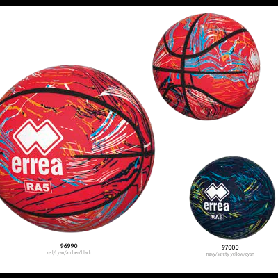 Três bolas de basquetebol coloridas com padrão abstrato, marca errea RA5