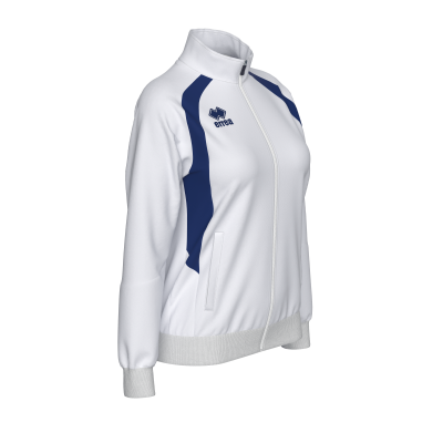 Casaco desportivo branco com detalhes azuis e fecho zip