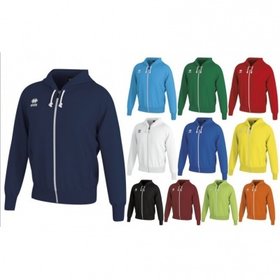 Casacos com capuz e fecho de correr em várias cores alinhados lado a lado