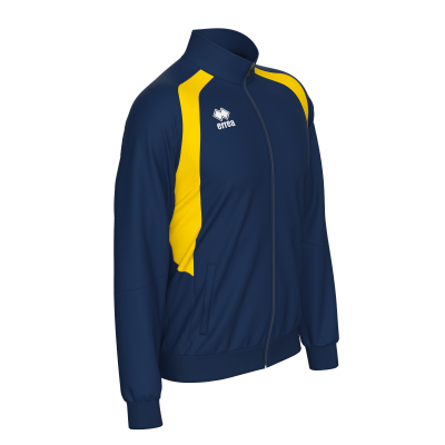 Casaco desportivo azul com faixas amarelas e logótipo errea branco