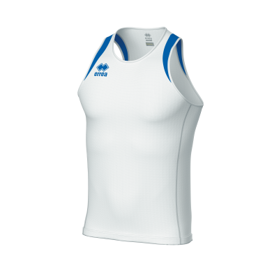 Camisola desportiva masculina branca com detalhes azuis e logo Errea