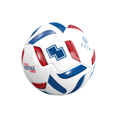 Bola de futebol branca com detalhes em azul e vermelho e texto 'STREET HERITAGE WARRIORS'