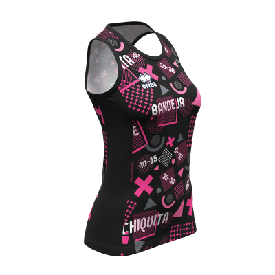 Camisola desportiva sem mangas preta e rosa com padrão geométrico e textos