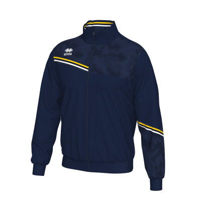 Casaco desportivo azul escuro com fecho e detalhes amarelos e brancos