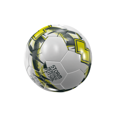 Bola branca de futsal com padrões amarelos e cinzentos e texto preto