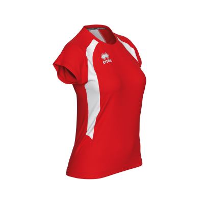 T-shirt desportiva feminina vermelha com detalhes brancos e logo errea