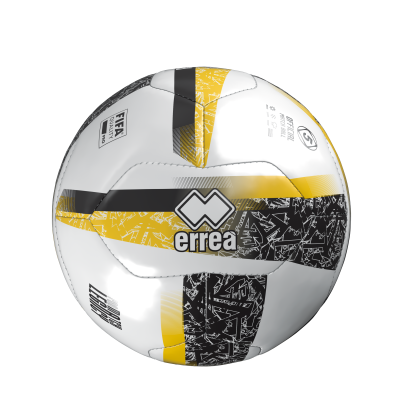 Bola de futebol branca com padrões amarelos e pretos e escrita errea