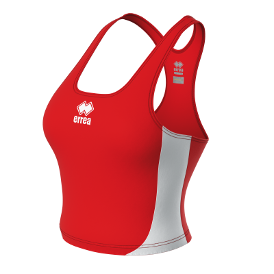 Top desportivo vermelho com faixas brancas e logotipos da marca errea.