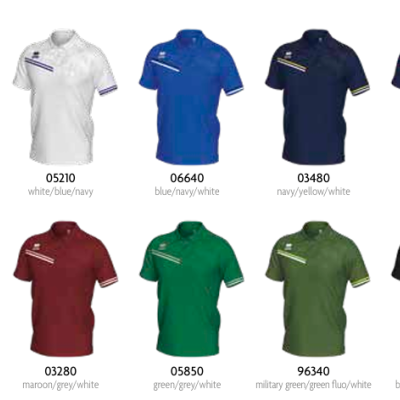 Dez polos masculinos de várias cores com detalhes coloridos e números de referência.