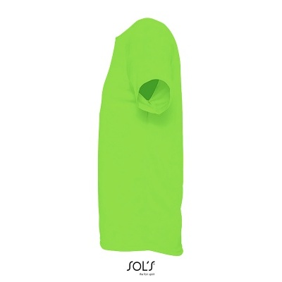T-shirt verde fluorescente unissexo, vista lateral, gola redonda