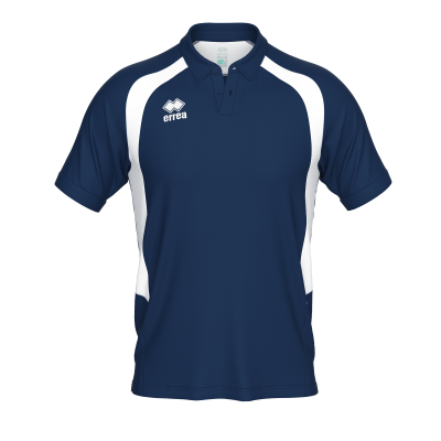 Polo desportivo azul escuro com detalhes brancos e logótipo errea