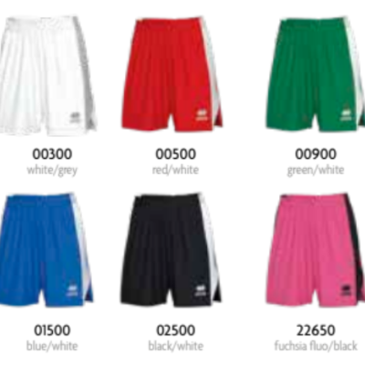 Conjunto de seis calções desportivos de várias cores com detalhes laterais e logo errea.