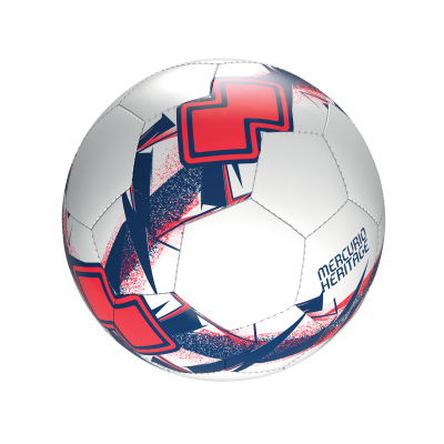Bola de futebol branca com padrões azuis e vermelhos e texto Mercurial Heritage.