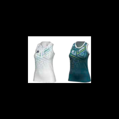 Dois tops desportivos sem mangas em branco com turquesa e verde escuro com padrões geométricos