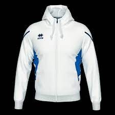 Casaco desportivo branco com capuz e detalhes azuis