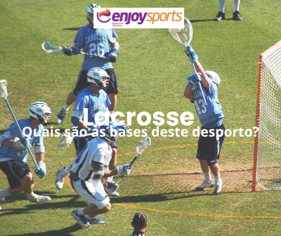 Jogadores de lacrosse em campo com rede de baliza e texto sobreposto