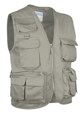 Colete bege multifuncional com vários bolsos e zíper frontal