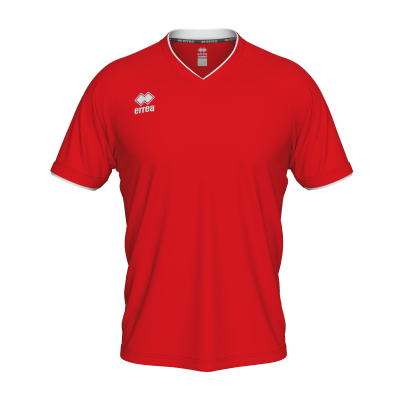 Camisola desportiva vermelha com gola em V branca e bordas nas mangas