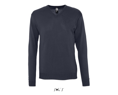 Camisola de malha azul escuro com decote em V e mangas compridas