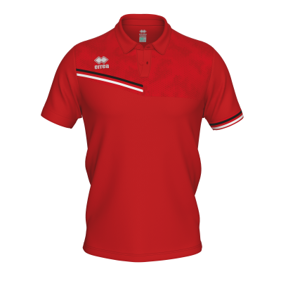 Polo vermelho com detalhes em branco e preto e logos ERREÀ e três coroas
