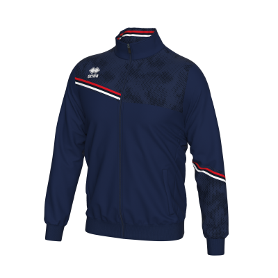 Casaco desportivo azul escuro com padrão pontilhado e linhas vermelhas, brancas e azuis