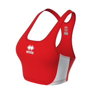 Top desportivo vermelho com faixa lateral branca e logotipo errea branco