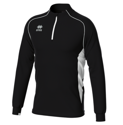 Sweatshirt desportiva preta com detalhes brancos e fecho curto no peito