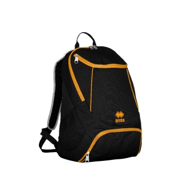 Mochila preta com detalhes amarelos e logotipo errea