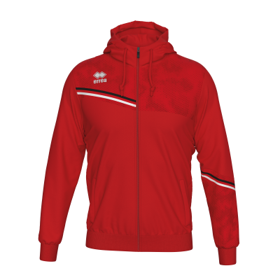 Casaco vermelho com capuz, risca preta e branca e logótipo errea