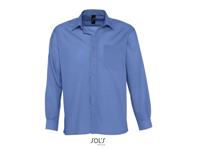 Camisa azul de manga comprida com bolso no peito e botões