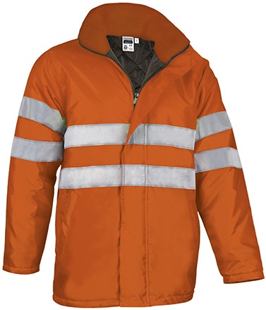 Casaco de alta visibilidade laranja com faixas refletoras e interior preto acolchoado
