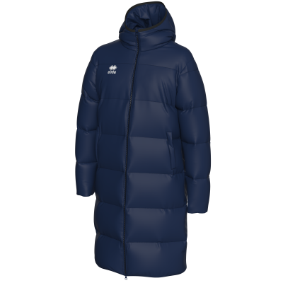 Casaco comprido acolchoado azul escuro com capuz e fecho