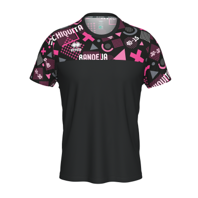 T-shirt preta com padrão geométrico rosa e branco e texto impresso