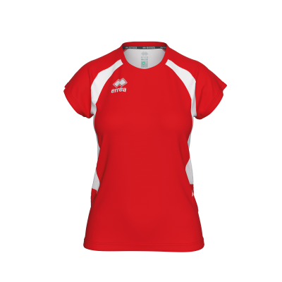 T-shirt desportiva vermelha com detalhes brancos e logótipo errea.