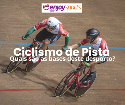 Dois ciclistas em pista de ciclismo com fatos e capacetes vermelhos, brancos e verdes, bicicletas pretas com rodas de disco