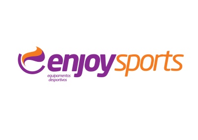 Logótipo enjoysports com chama e texto em roxo e laranja