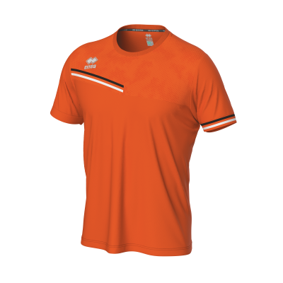 T-shirt desportiva laranja com detalhes em preto e branco e logo BYCA