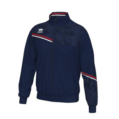 Casaco desportivo azul escuro com detalhes em vermelho, branco e azul e logótipo errea