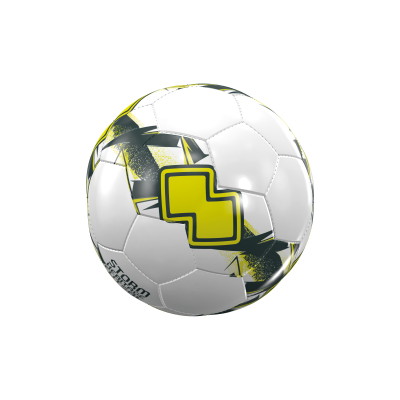 Bola de futebol branca com padrão preto e amarelo e texto Storm