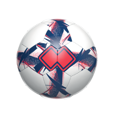 Bola de futebol branca com padrões gráficos coloridos e losangos vermelhos no centro