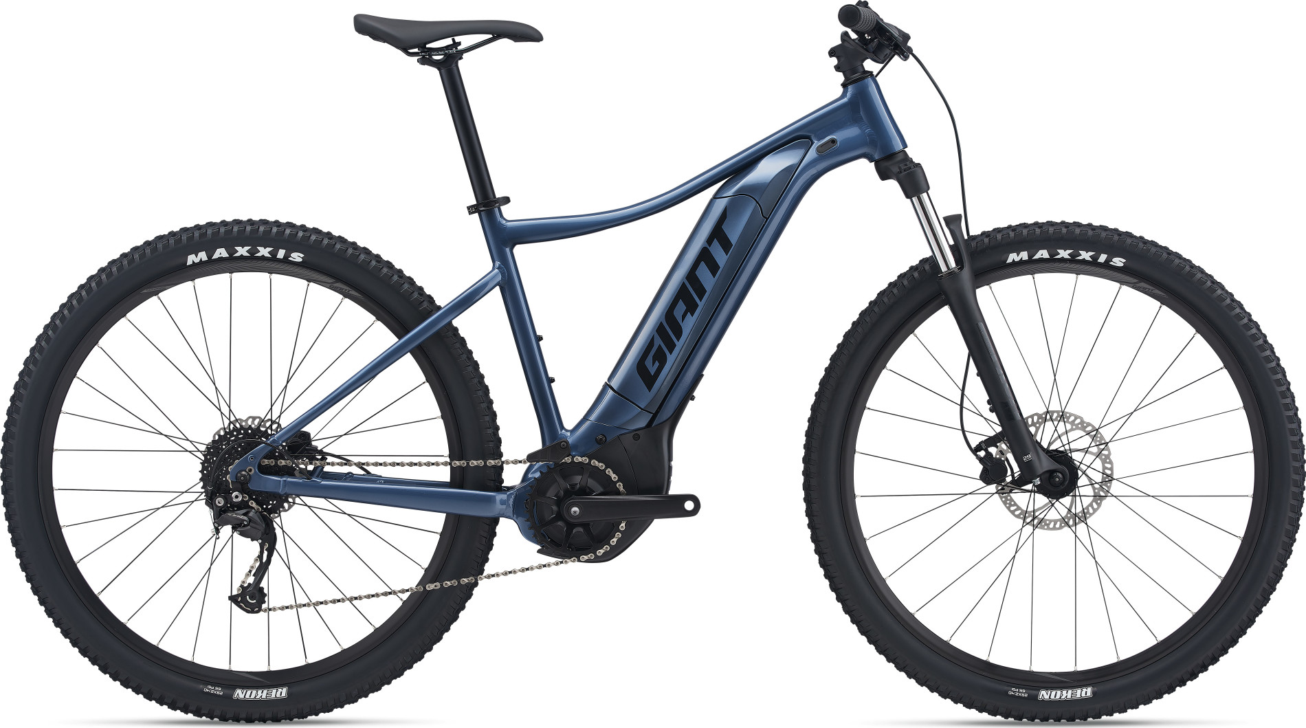 Bicicleta elétrica de montanha azul metálica GIANT com pneus pretos e motor central