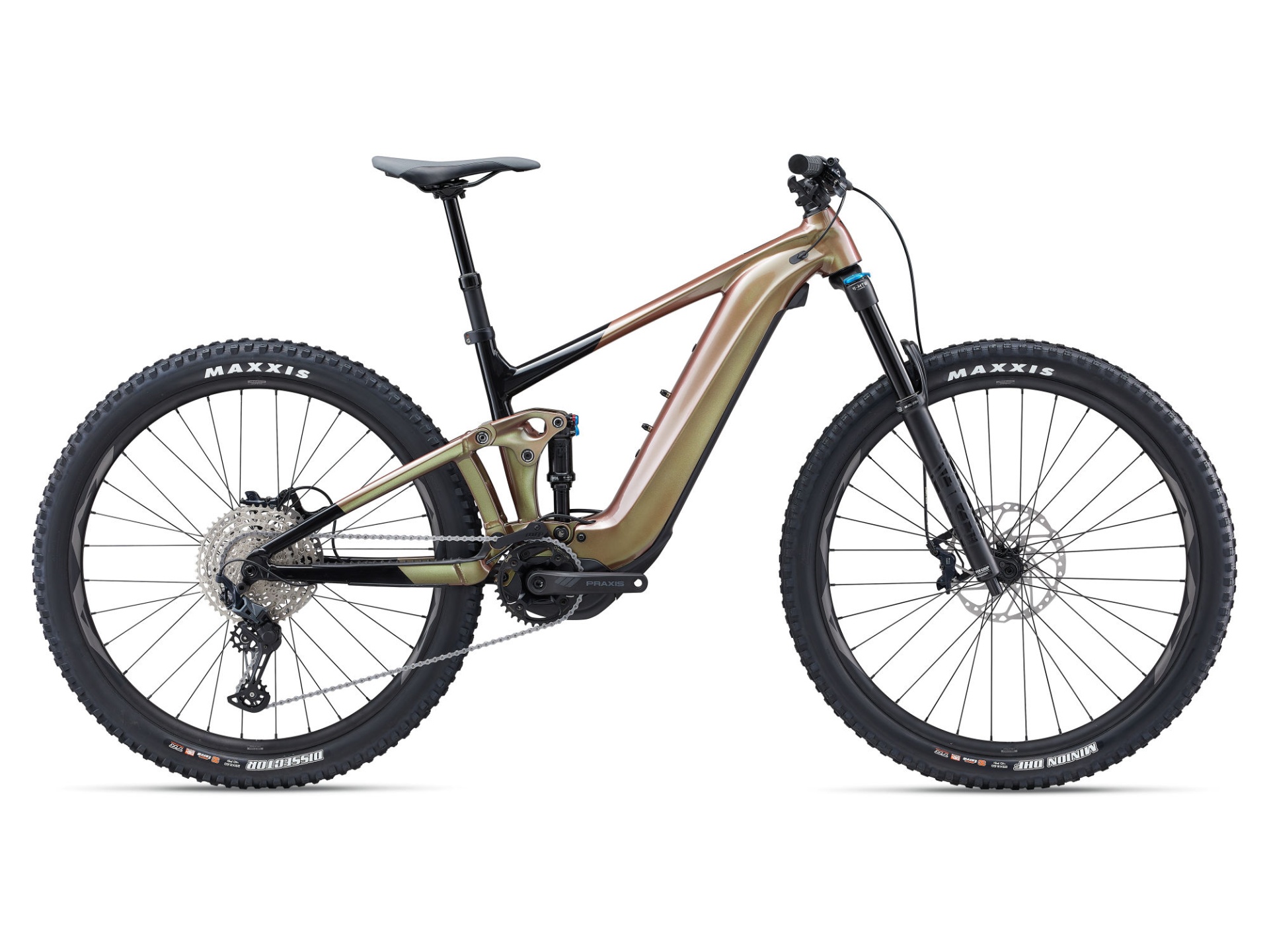 Bicicleta elétrica de montanha em verde e bronze com pneus Maxxis, suspensão e pedaleira Praxis