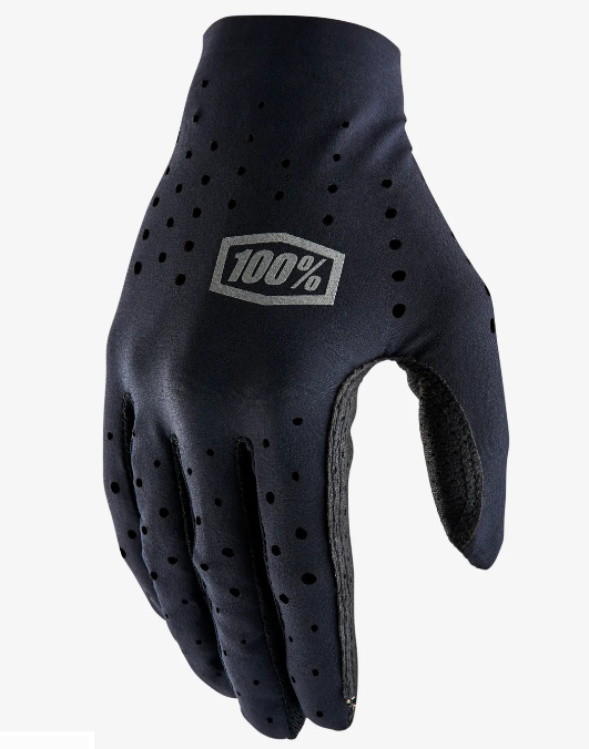 Luva preta com furos de ventilação e logótipo 100% cinzento