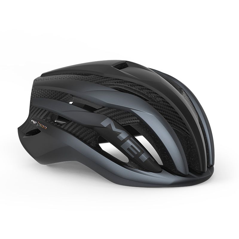 Capacete de ciclismo cinzento e preto com detalhes em carbono e logótipo MET