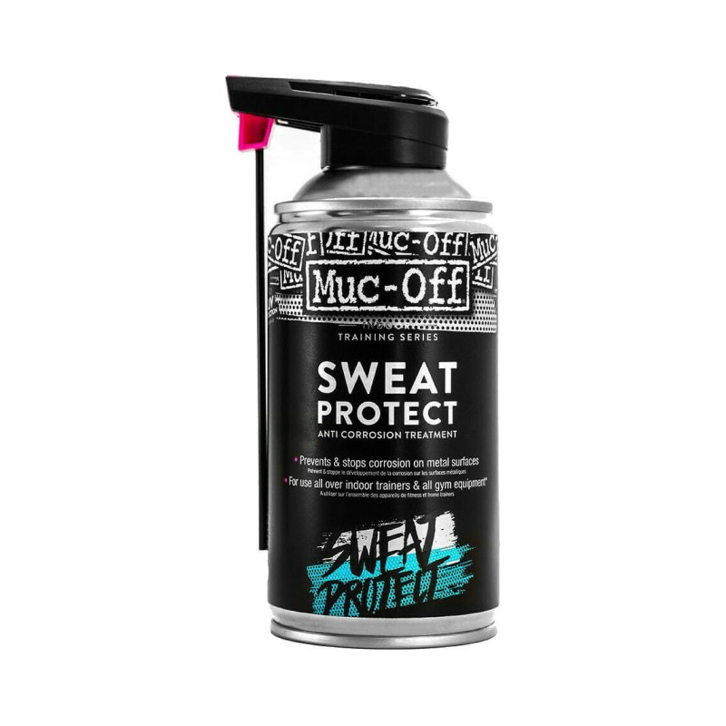 Spray anti-corrosão Muc-Off Sweat Protect com aplicador e texto em branco e azul